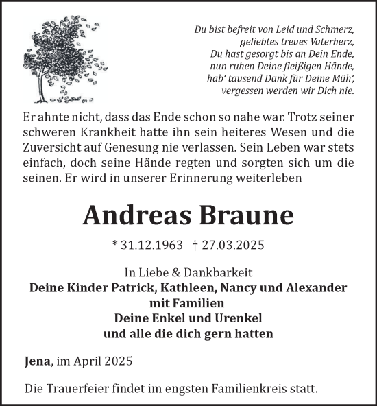 Traueranzeige von Andreas Braune von Ostthüringer Zeitung, Thüringische Landeszeitung