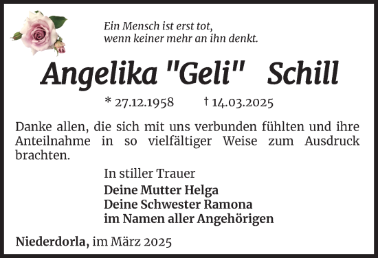 Traueranzeige von Angelika Schill von Thüringer Allgemeine, Thüringische Landeszeitung