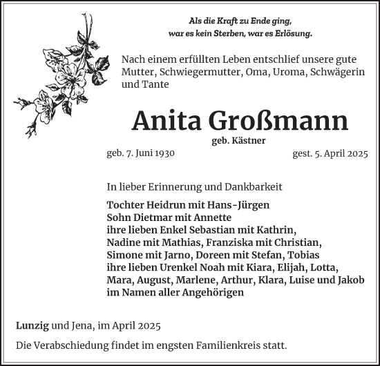 Traueranzeige von Anita Großmann von Ostthüringer Zeitung