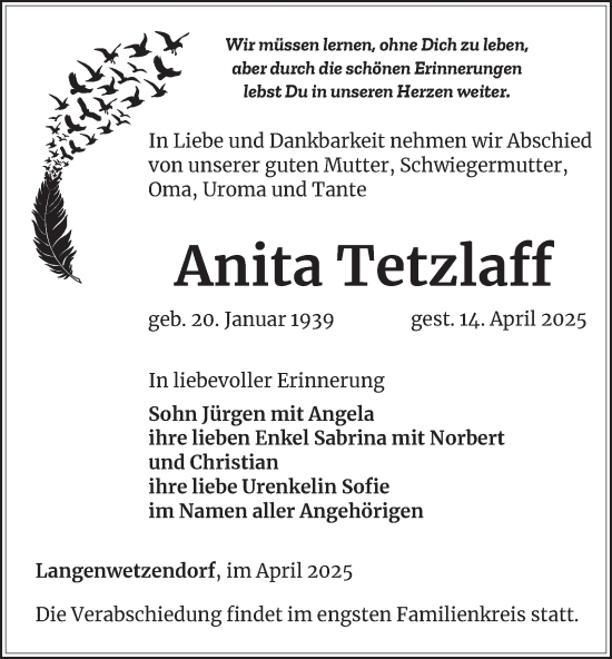 Traueranzeige von Anita Tetzlaff von Ostthüringer Zeitung