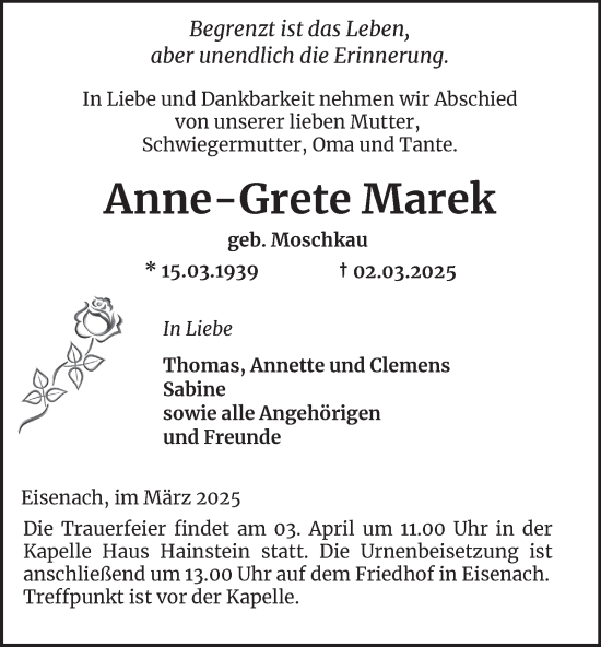 Traueranzeige von Anne-Grete Marek von Thüringer Allgemeine