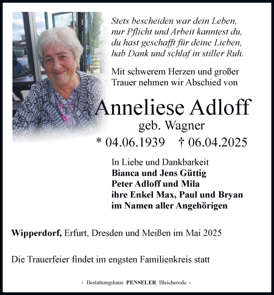Traueranzeige von Anneliese Adloff von Thüringer Allgemeine