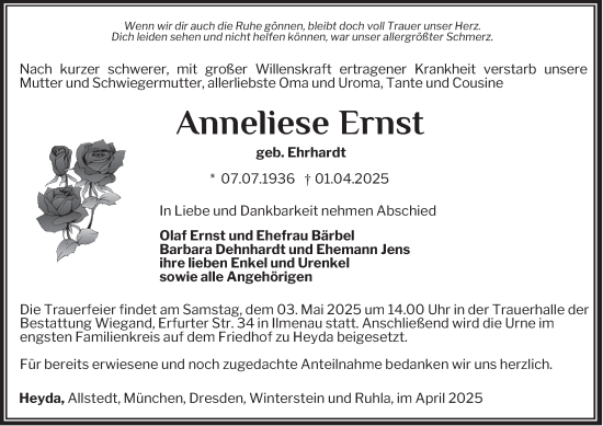 Traueranzeige von Anneliese Ernst von Thüringer Allgemeine