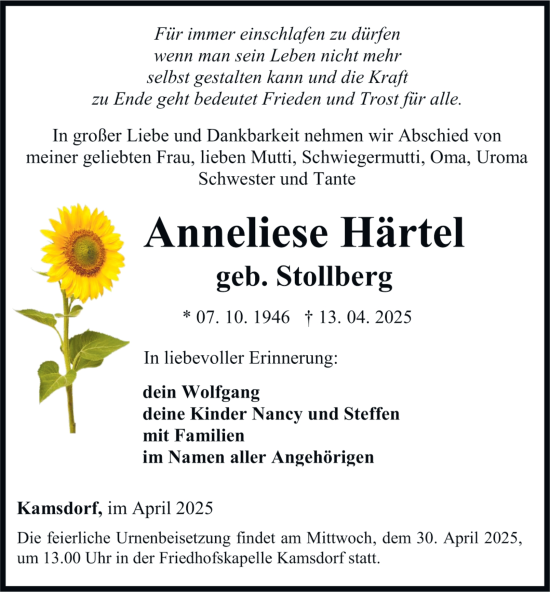 Traueranzeige von Anneliese Härtel von Ostthüringer Zeitung