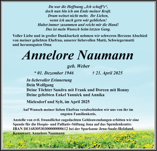 Traueranzeige von Annelore Naumann von Ostthüringer Zeitung