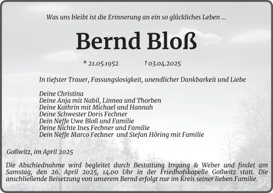 Traueranzeige von Bernd Bloß von Ostthüringer Zeitung