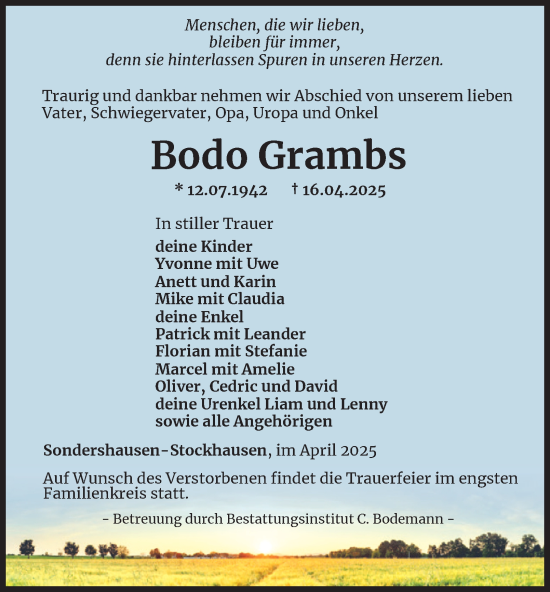 Traueranzeige von Bodo Grambs von Thüringer Allgemeine
