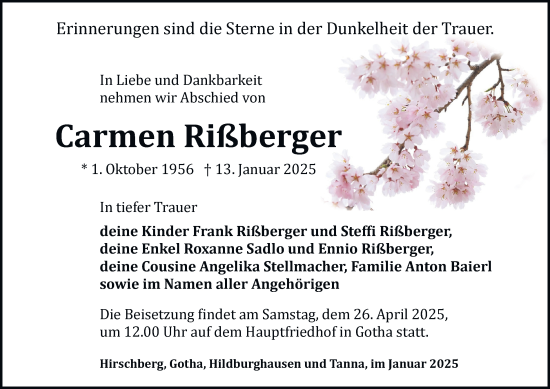 Traueranzeige von Carmen Rißberger von Ostthüringer Zeitung