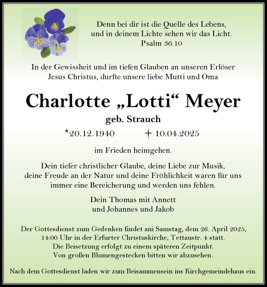 Traueranzeige von Charlotte Meyer von Thüringer Allgemeine, Thüringische Landeszeitung