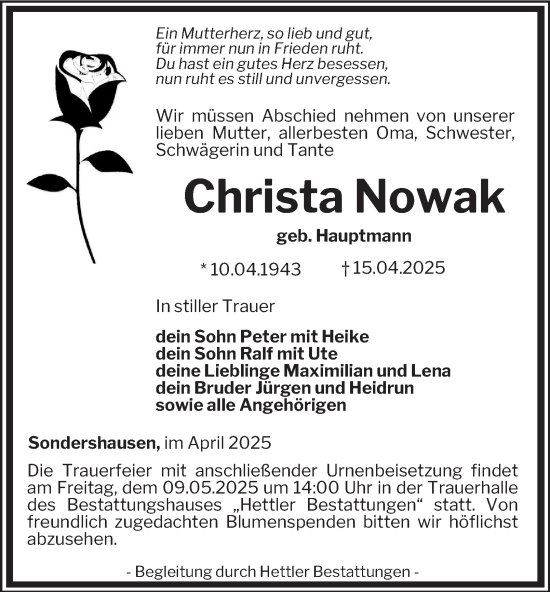 Traueranzeige von Christa Nowak von Thüringer Allgemeine