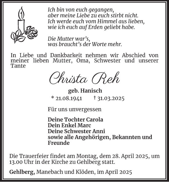 Traueranzeige von Christa Reh von Thüringer Allgemeine