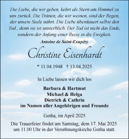 Traueranzeige von Christine Eisenhardt von Thüringer Allgemeine, Thüringische Landeszeitung