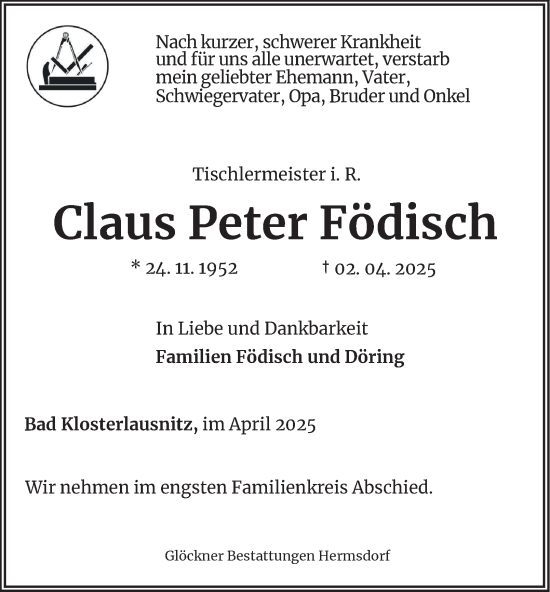 Traueranzeige von Claus Peter Födisch von Ostthüringer Zeitung