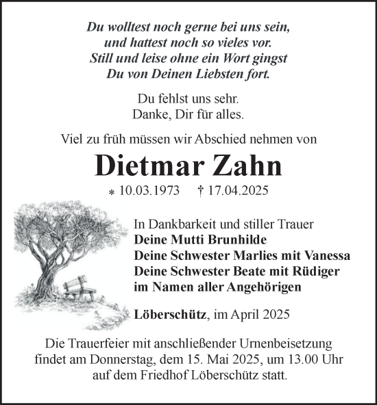 Traueranzeige von Dietmar Zahn von Ostthüringer Zeitung, Thüringische Landeszeitung