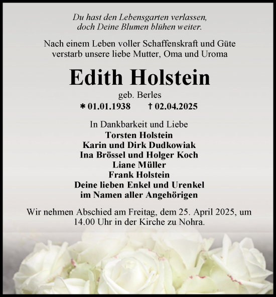 Traueranzeige von Edith Holstein von Thüringer Allgemeine, Thüringische Landeszeitung