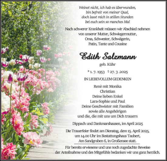 Traueranzeige von Edith Salzmann von Thüringer Allgemeine, Thüringische Landeszeitung
