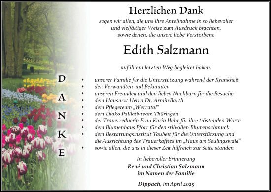 Traueranzeige von Edith Salzmann von Thüringer Allgemeine, Thüringische Landeszeitung