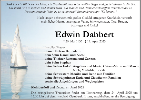Traueranzeige von Edwin Dabbert von Thüringer Allgemeine