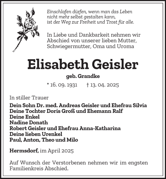 Traueranzeige von Elisabeth Geisler von Ostthüringer Zeitung