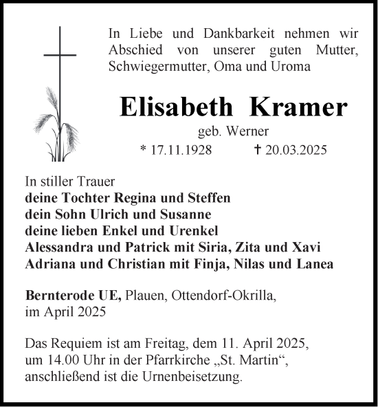 Traueranzeige von Elisabeth Kramer von Thüringer Allgemeine