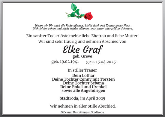Traueranzeige von Elke Graf von Ostthüringer Zeitung