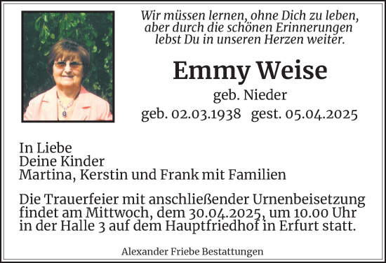 Traueranzeige von Emmy Weise von Thüringer Allgemeine, Thüringische Landeszeitung