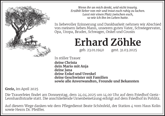Traueranzeige von Erhard Zöhke von Ostthüringer Zeitung
