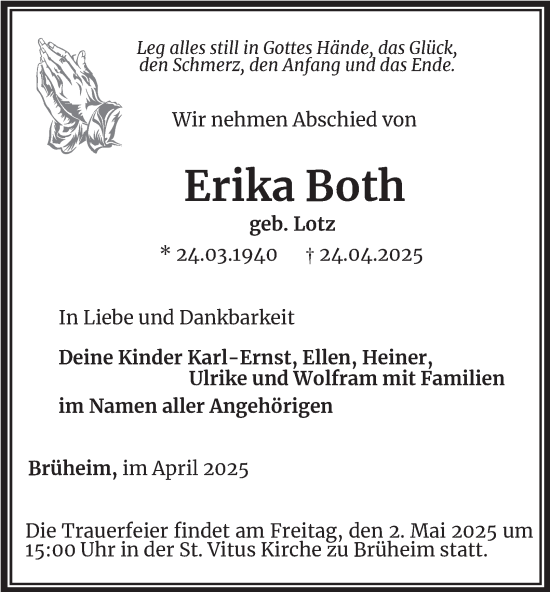 Traueranzeige von Erika Both von Thüringer Allgemeine, Thüringische Landeszeitung