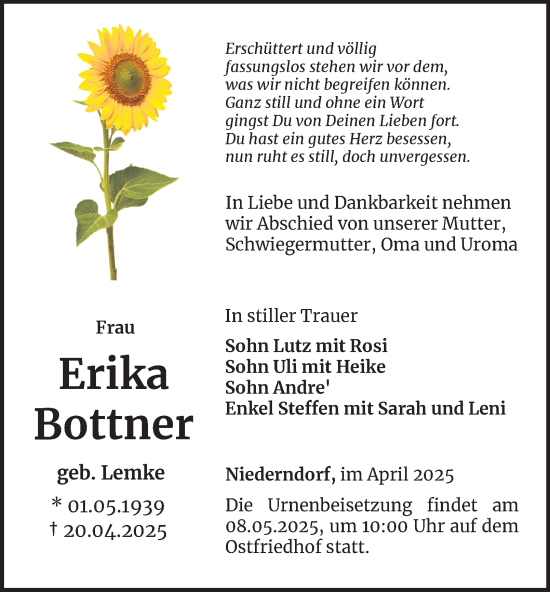 Traueranzeige von Erika Bottner von Ostthüringer Zeitung