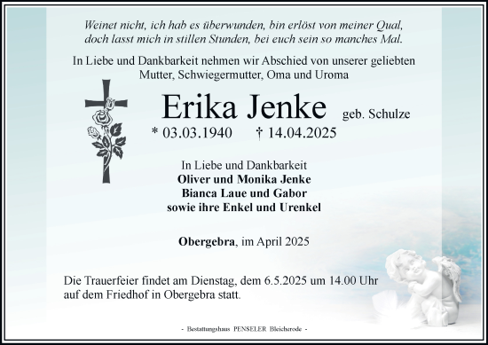 Traueranzeige von Erika Jenke von Thüringer Allgemeine
