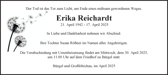 Traueranzeige von Erika Reichardt von Ostthüringer Zeitung