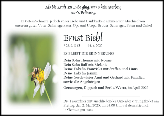 Traueranzeige von Ernst Biehl von Thüringer Allgemeine, Thüringische Landeszeitung