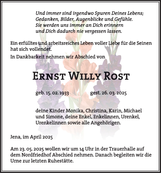 Traueranzeige von Ernst Willy Rost von Ostthüringer Zeitung, Thüringische Landeszeitung