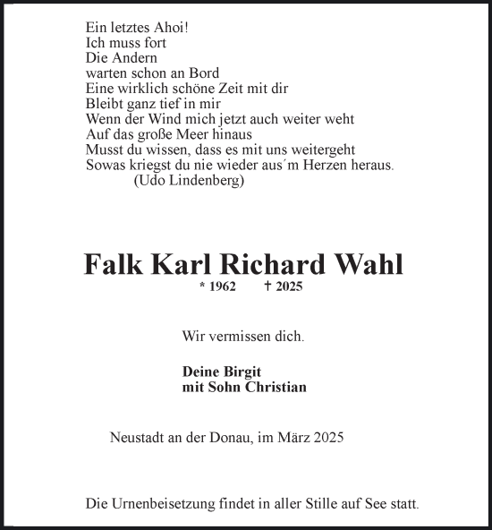 Traueranzeige von Falk Karl Richard Wahl von Thüringer Allgemeine