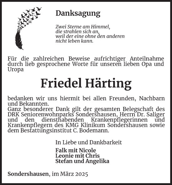 Traueranzeige von Friedel Härting
