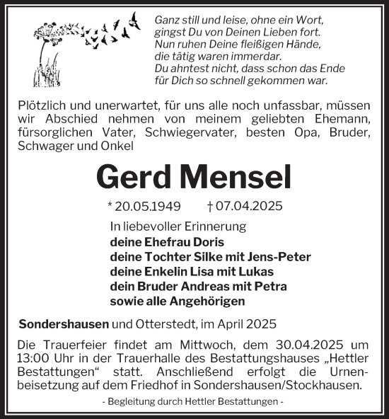 Traueranzeige von Gerd Mensel von Thüringer Allgemeine