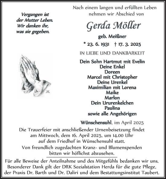 Traueranzeige von Gerda Möller von Thüringer Allgemeine, Thüringische Landeszeitung