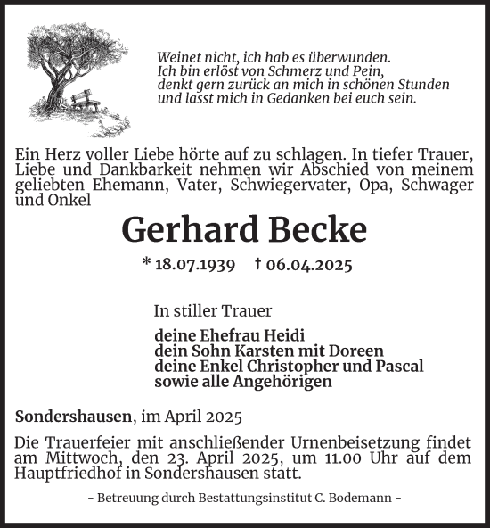 Traueranzeige von Gerhard Becke von Thüringer Allgemeine