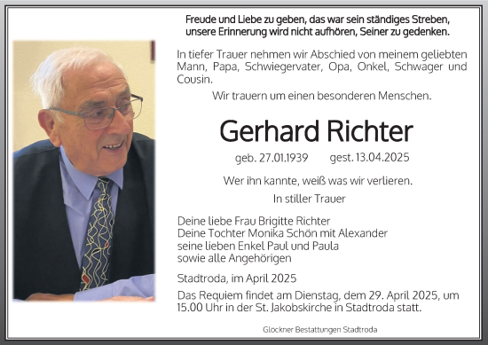 Traueranzeige von Gerhard Richter von Ostthüringer Zeitung