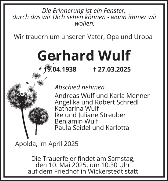 Traueranzeige von Gerhard Wulf von Thüringer Allgemeine