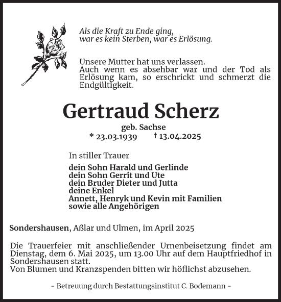 Traueranzeige von Gertraud Scherz