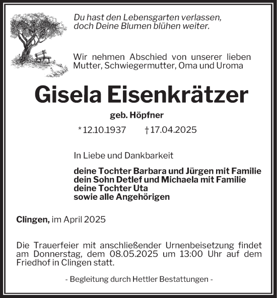 Traueranzeige von Gisela Eisenkrätzer von Thüringer Allgemeine
