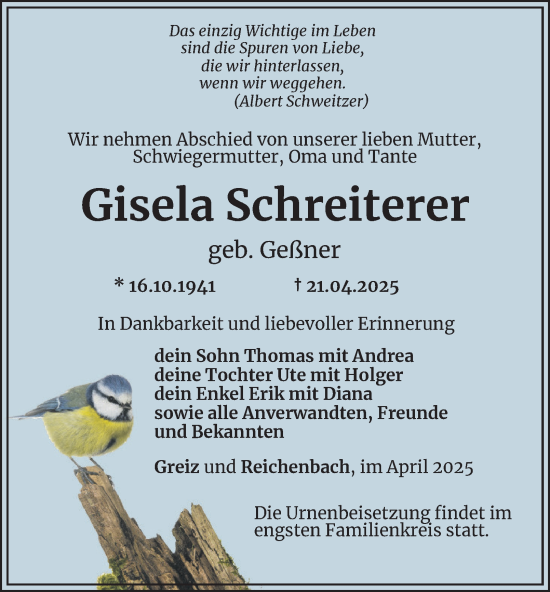Traueranzeige von Gisela Schreiterer von Ostthüringer Zeitung