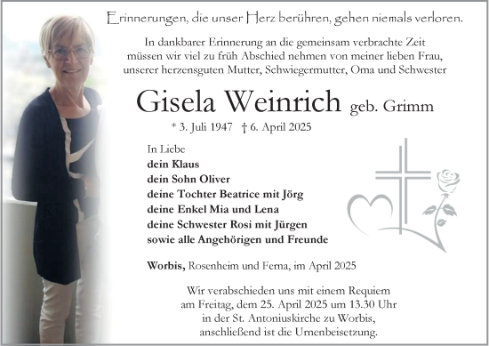 Traueranzeige von Gisela Weinrich von Thüringer Allgemeine