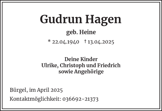 Traueranzeige von Gudrun Hagen von Ostthüringer Zeitung