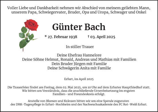 Traueranzeige von Günter Bach von Thüringer Allgemeine, Thüringische Landeszeitung