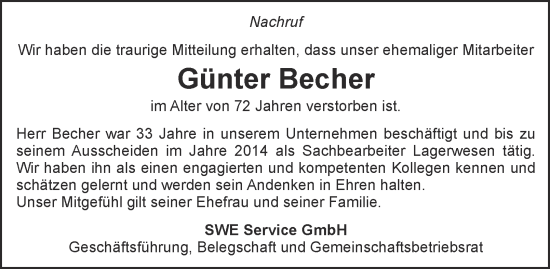 Traueranzeige von Günter Becher von Thüringer Allgemeine, Thüringische Landeszeitung