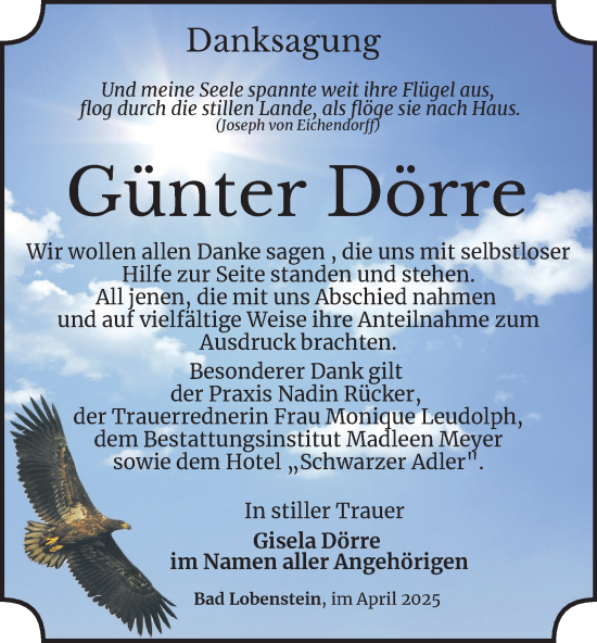 Traueranzeige von Günter Dörre von Ostthüringer Zeitung