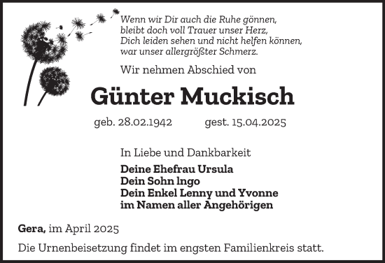 Traueranzeige von Günter Muckisch von Ostthüringer Zeitung