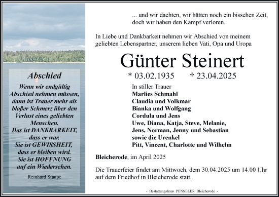 Traueranzeige von Günter Steinert von Thüringer Allgemeine